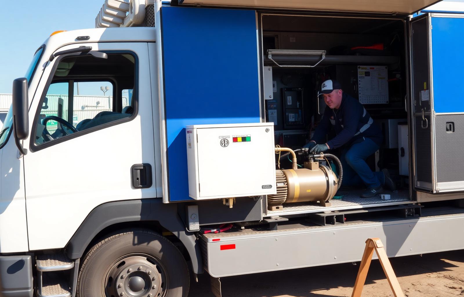 Camion de service mobile et technicien E.C.S. effectuant l'entretien d'un compresseur